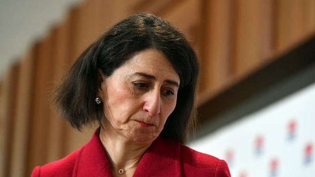 NSW Premier Gladys Berejiklian attends a news conference to announce the state’s worst day so far in the Delta outbreak on Friday. Picture: Getty