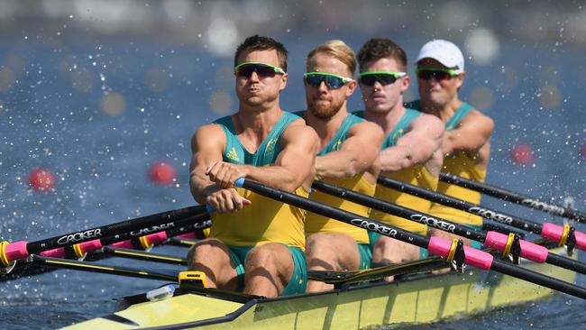 Karsten Forsterling, Alexander Belonogoff, Cameron Girdlestone and James McRae during the Men's Quad. Sculls Heat 2 on Day 1 of the Olympics. Picture: Matthias Hangst/Getty Images