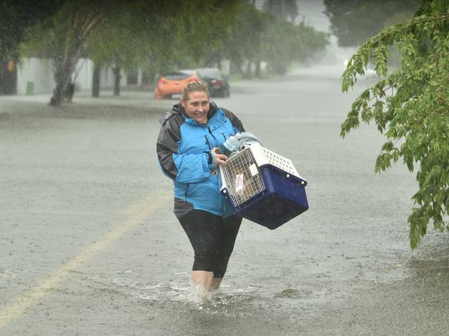 Jo Martin carries her cat Kramer through a flooded Rosslea street on Sunday. Picture: Evan Morgan