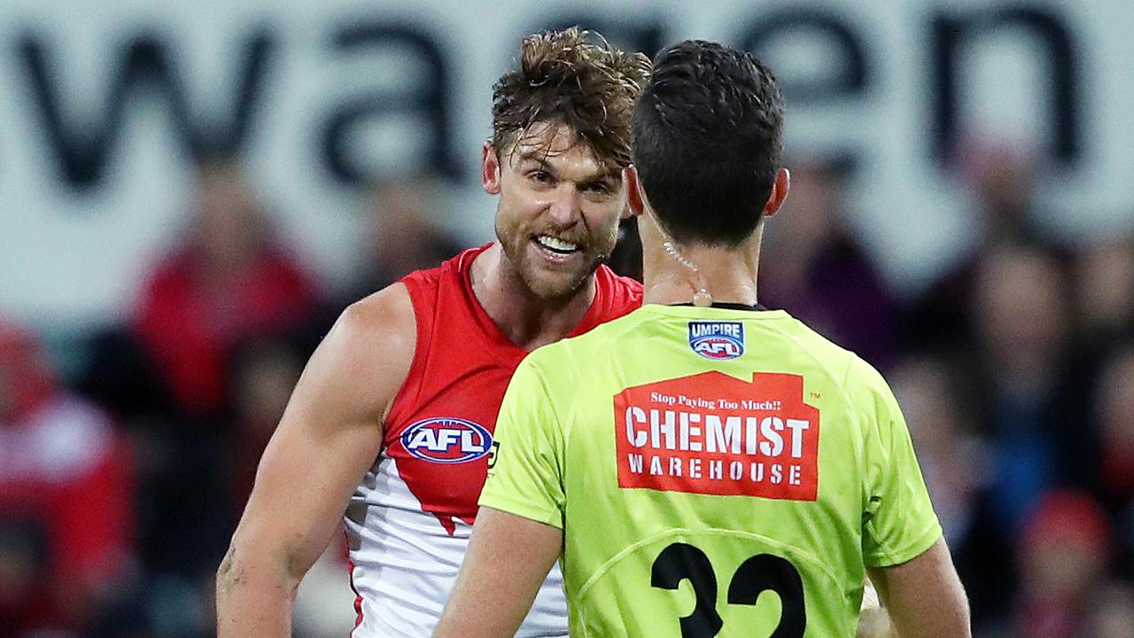 Sydney's Dane Rampe was fined for comments towards an umpire. Picture: Phil Hillyard