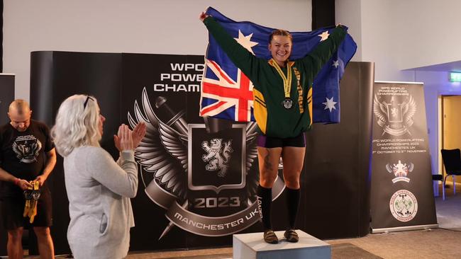 Rockhampton powerlifter Lauren Cavanagh competed at the World Powerlifting Championships in Manchester in the UK where she took home gold. Photos: Facebook