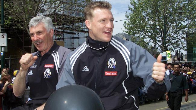 Mick Malthouse and Nathan Buckley during the 2002 parade. Picture: HWT Library.