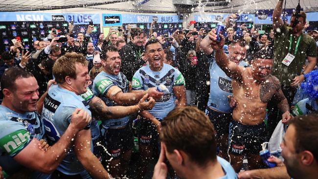 The Blues savour a memorable victory. Image: Brett Costello