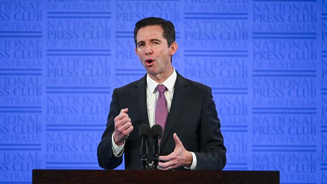 Trade and Tourism Minister Simon Birmingham delivers his speech at the National Press Club in Canberra on Wednesday.