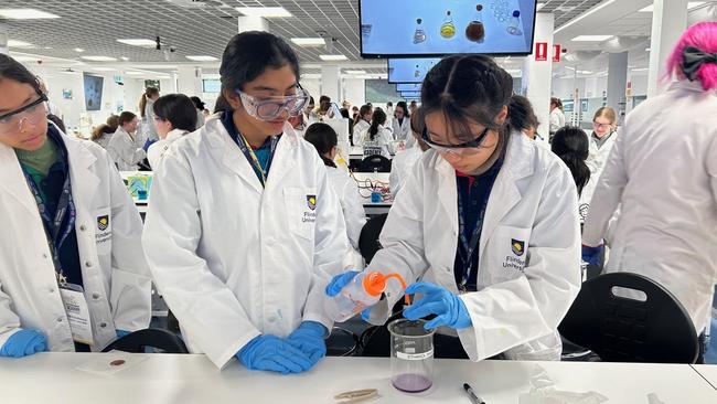 Darwin Middle School students Saibreena Khan, Grishma Desai and Renee Li at the Flinders University STEM academy.