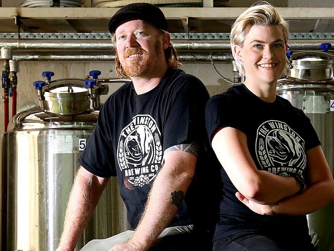 Winston Brewing Company owners Kris Miles, left, and Caroline Kiehne at their brewery in Melville St Hobart. Picture: SAM ROSEWARNE