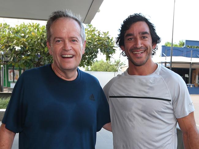 Opposition Leader Bill Shorten with Former NRL Player Jonathan Thurston doing a morning run in Townsville, QLD. Picture Kym Smith