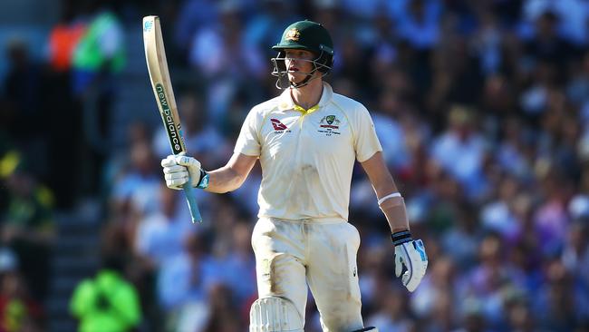 Steve Smith raises the famous blade at The Oval. Picture: Jordan Mansfield/Getty