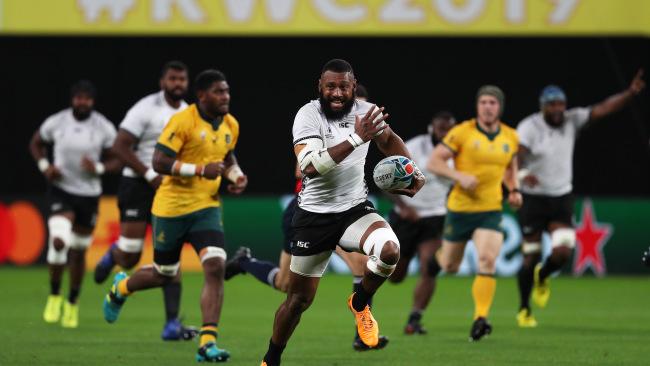 Waisea Nayacalevu makes a break to score Fiji's second try. Picture: Getty Images