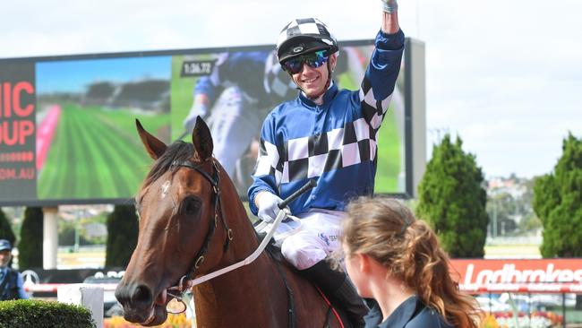 Thomas Stockdale celebrating after riding Vibrant Sun to a strong win in Group 3 grade at The Valley. Picture: Racing Photos via Getty Images