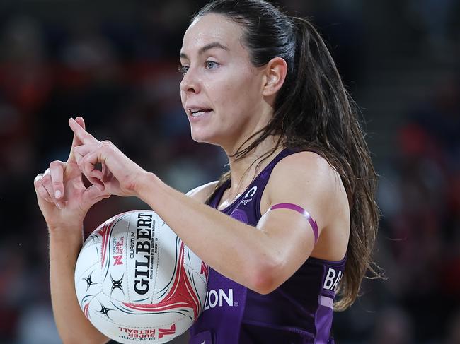 SYDNEY, AUSTRALIA - JUNE 30: Ruby Bakewell-Doran of the Firebirds gestures during the round 12 Super Netball match between NSW Swifts and Queensland Firebirds at Ken Rosewall Arena, on June 30, 2024, in Sydney, Australia. (Photo by Jeremy Ng/Getty Images)