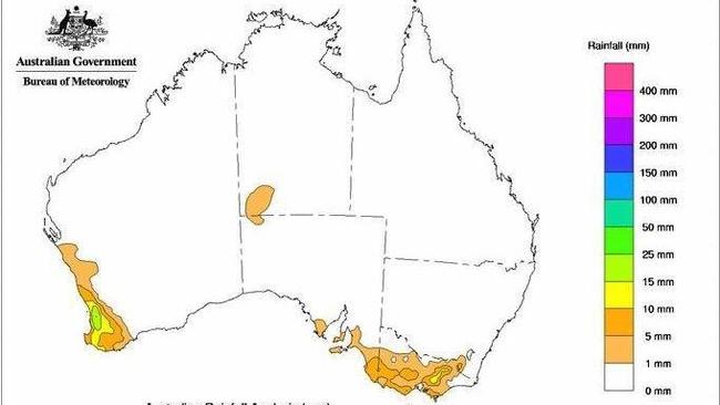 A map of rainfall recorded across Australia on August 1, 2018. Picture: Bureau of Meteorology