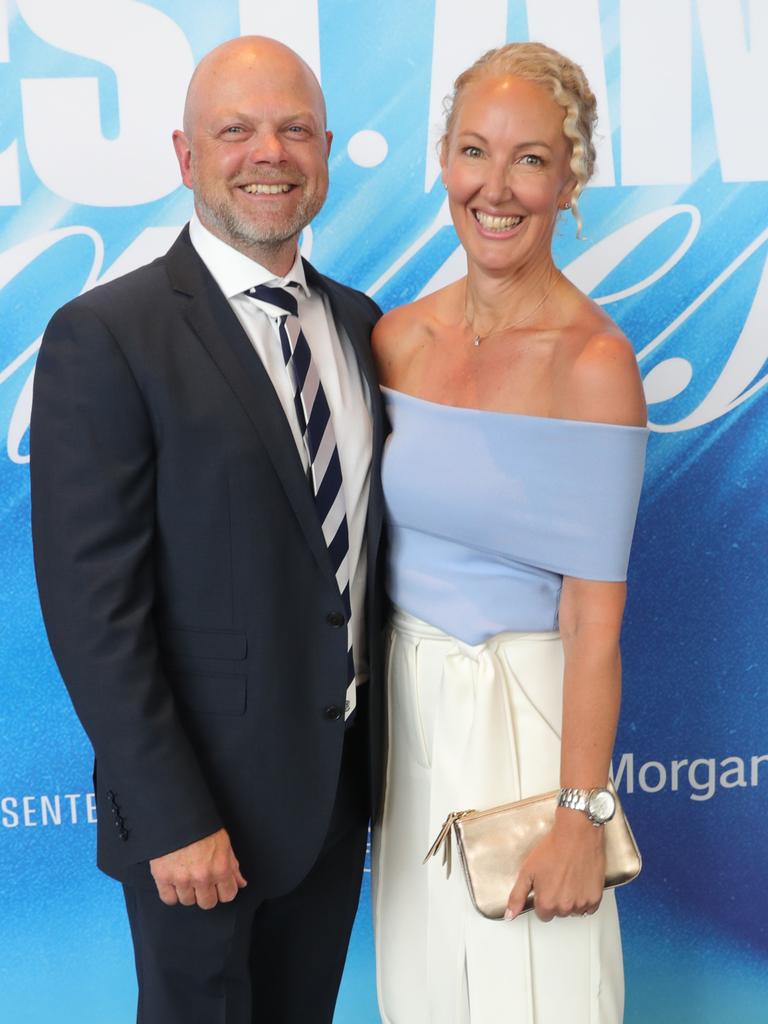 Geelong Cats’ AFLW best and fairest Blue Carpet arrivals at Kardinia Park — Geelong senior coach Dan Lowther and Tanya Lowther Picture: Mark Wilson