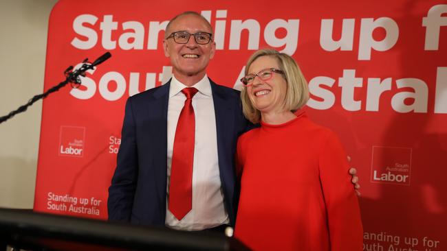 Jay Weatherill with his wife Melissa during his concession speech. Picture: AAP / Dean Martin