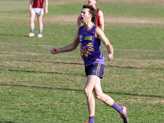 EFL Premier Division 2022: Vermont v Blackburn at Vermont Recreational Reserve, 18th June, Vermont. Mason Hawkins of Vermont celebrates his goal. Picture : George Salpigtidis