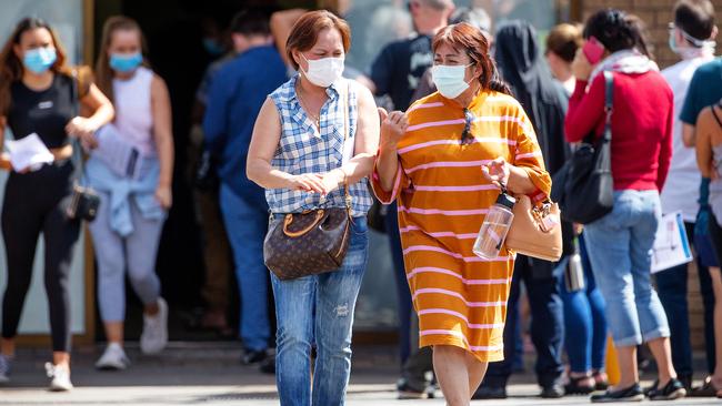 People queue at a fever clinic in Clayton, Melbourne. Picture: Mark Stewart