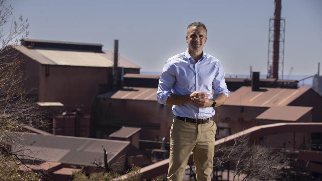 SA Premier Peter Malinauskas stands on Hummock Hill Lookout in Whyalla, overlooking Whyalla Steelworks. Picture: Brett Hartwig