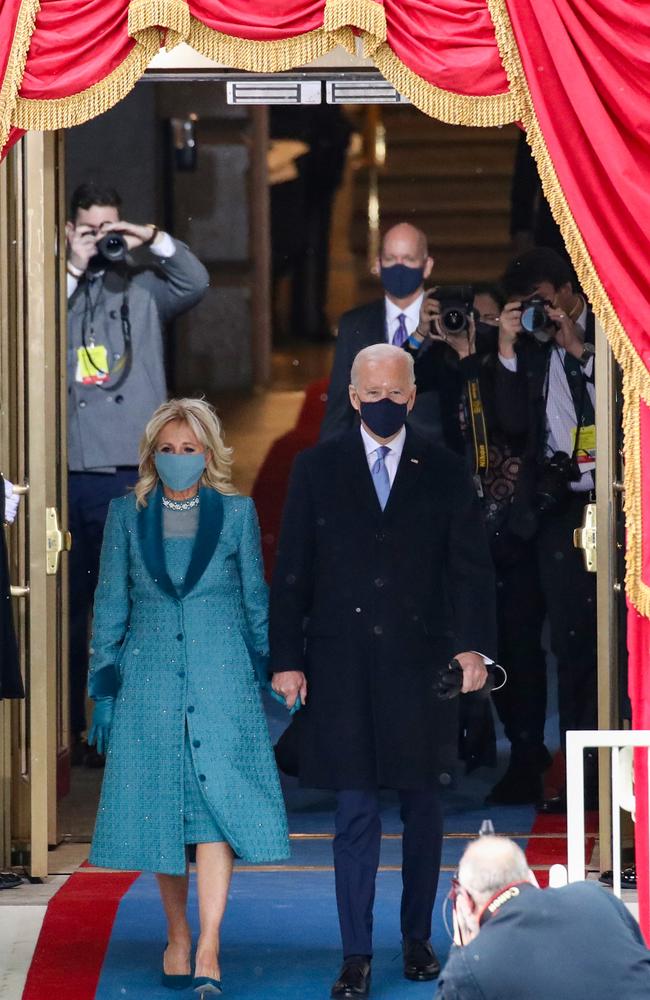 Dr Jill Biden wore blue at the inauguration to symbolise “trust, confidence, and stability”, according to maker Markarian — a US label that prides itself on producing its made-to-order wares in New York’s Garment District. Picture: Getty Images