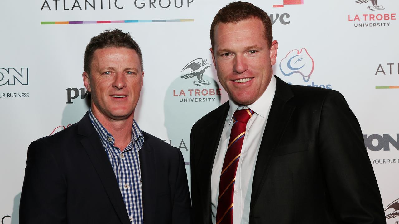 Richmond coach Damian Hardwick and then-Brisbane coach Justin Leppitsch before the 2016 season. Picture: Julie Kiriacoudis