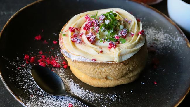 Edition Coffee Roasters’ Japanese souffle pancake with filtered coffee and watermelon juice. Picture: Jenifer Jagielski