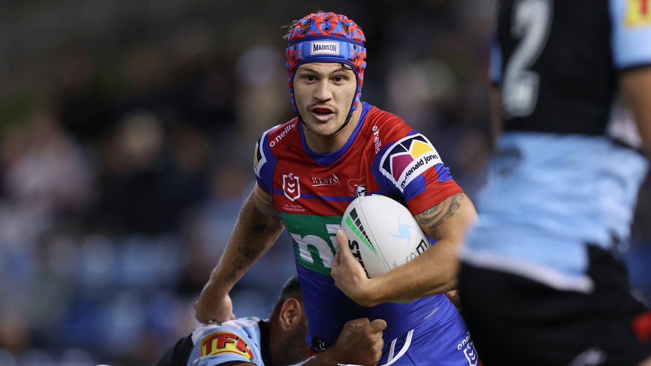 Knights star Kalyn Ponga was battling with illness, but that didn’t stop him from ending up with two tries to his name. Picture: Getty Images.