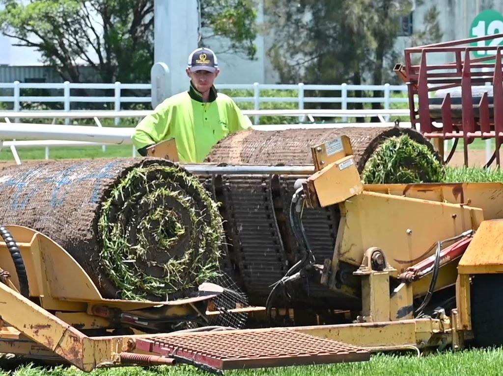 Work is underway to remove the poisoned section of track at the Gold Coast Turf club and replace it with new turf ahead of this weekends Magic Millions race day. Picture: Supplied