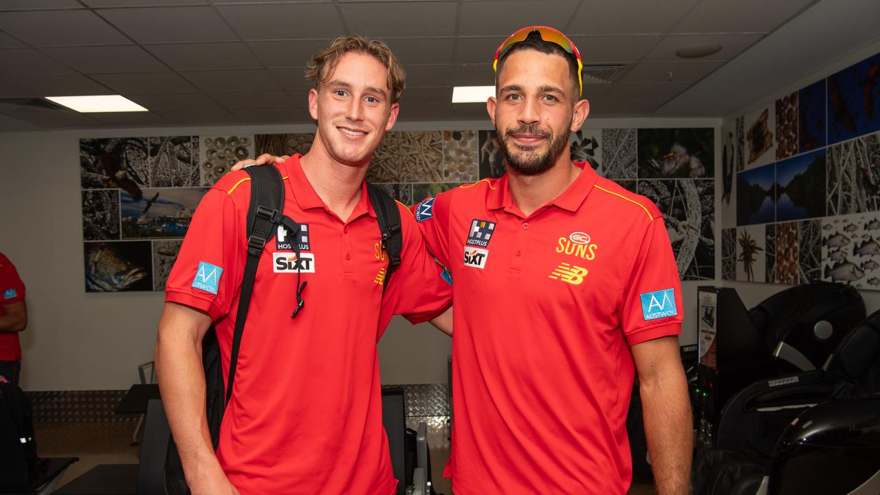 Sam Clohesy and Ben Long as the Gold Coast Suns land in Darwin for their AFL double header. Picture: Pema Tamang Pakhrin