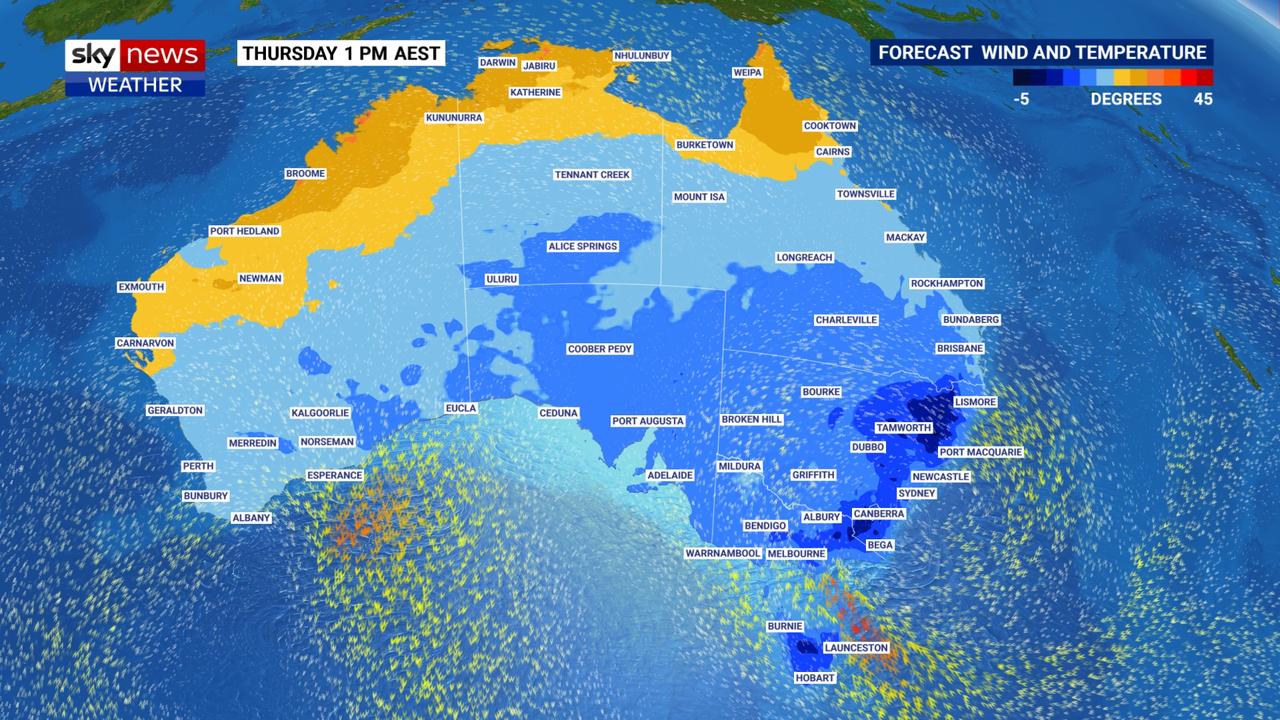 The cold change is expected to affect much of Australia this week with the areas in blue indicating temperatures at or below 20C. Picture: Sky News Weather