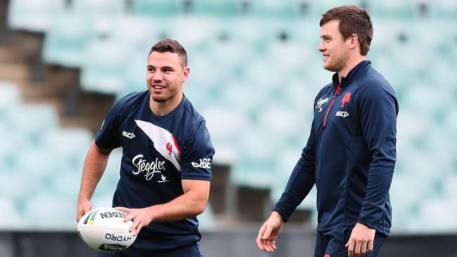 Roosters Sean O'Sullivan with Luke Keary during the Sydney Roosters training session at Allianz Stadium ahead of the 2018 NRL Grand Final. Picture: Brett Costello