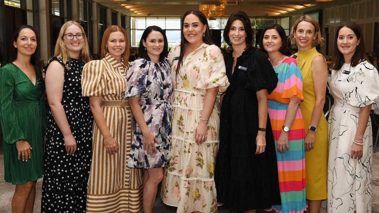 Claudia Smith, Naomi Seymore, Kirsty Keys, Shantelle Scovell, Emma Mooney, Gina Rahmel, Rebecca Dubois, Andrea Hughes and Tracey Mayhew. Townsville Business Women's Circle, International Women's Day Luncheon at The Ville. Picture: Shae Beplate.