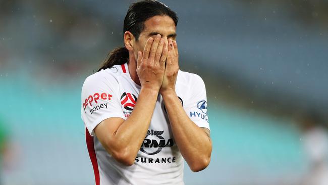 Raul Llorente with a familiar reaction for the Wanderers. (Brett Costello)