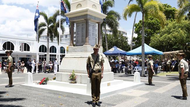 The 51st Battalion catafalque party guard the Cairns cenotaph during the Cairns RSL's Remembrance Day service on the Cairns Esplanade. Picture: Brendan Radke