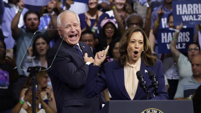 Kamala Harris introduces Tim Walz to a campaign rally at Temple University in Philadelphia, Pennsylvania, on Tuesday. Picture: Getty Images