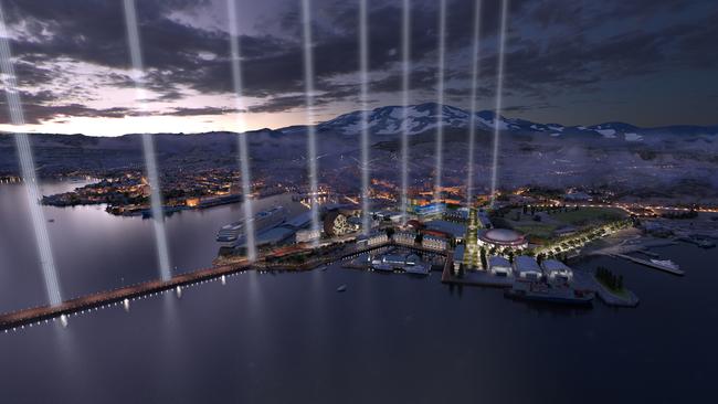 A night rendering of Mona’s Macquarie Point 2050 Vision with a snow-capped Mt Wellington/kunanyi. Rendering: Fender Katsalidis Architects with rush\wright associates and SCENERY