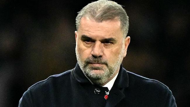 Tottenham Hotspur's Greek-Australian Head Coach Ange Postecoglou reacts during the English Premier League football match between Tottenham Hotspur and West Ham United at Tottenham Hotspur Stadium in London, on December 7, 2023. (Photo by Ben Stansall / AFP) / RESTRICTED TO EDITORIAL USE. No use with unauthorized audio, video, data, fixture lists, club/league logos or 'live' services. Online in-match use limited to 120 images. An additional 40 images may be used in extra time. No video emulation. Social media in-match use limited to 120 images. An additional 40 images may be used in extra time. No use in betting publications, games or single club/league/player publications. /