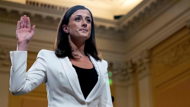 Cassidy Hutchinson, a top aide to former White House Chief of Staff Mark Meadows, is sworn in during the January 6 hearings. Picture: AFP