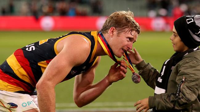 Alex Keath of the Crows gets the Showdown medal during round 8 2019 (Photo by James Elsby/AFL Photos/Getty Images)