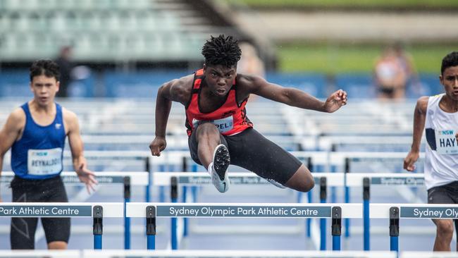 Andres Hampel from Artarmon in U18 100m hurdles.