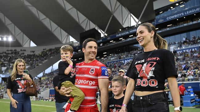 Ben Hunt of the Dragons walks onto the field with his family for his 300th NRL game against the Cowboys at Qld Country Bank Stadium on May 13, 2023. Photo: Ian Hitchcock/Getty Images