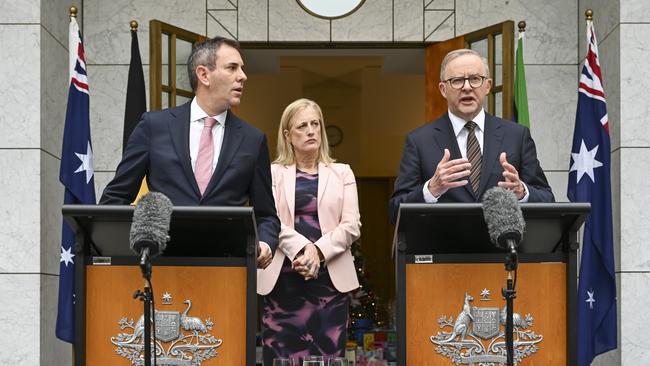 Anthony Albanese, speaks at a press conference in Canberra on Friday as federal Treasurer Jim Chalmers and senator Katy Gallagher look on. Picture: Martin Ollman/NewsWire.