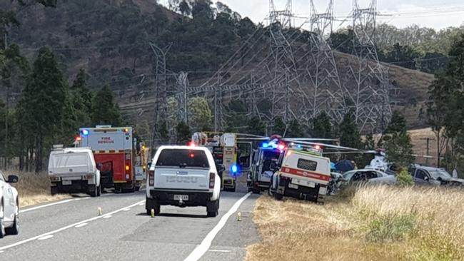 The crash scene has traffic blocked on the Wide Bay Highway