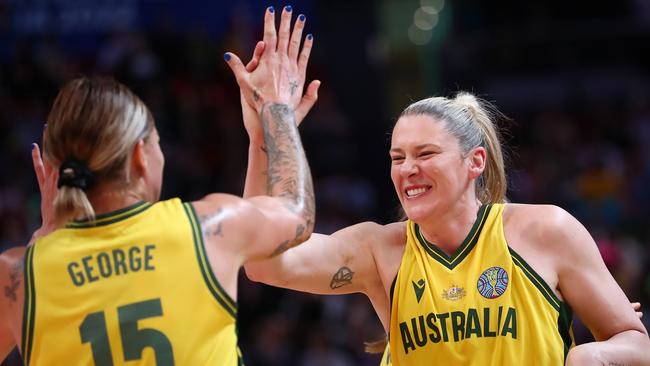 SYDNEY, AUSTRALIA - SEPTEMBER 25: Lauren Jackson of Australia and Cayla George of Australia celebrate victory during the 2022 FIBA Women's Basketball World Cup Group B match between Australia and Serbia at Sydney Superdome, on September 25, 2022, in Sydney, Australia. (Photo by Kelly Defina/Getty Images) *** BESTPIX ***