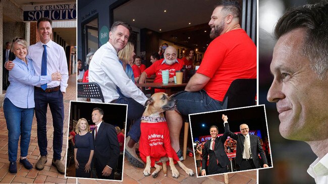 Chris Minns with, from left, his mum, Caroline; wife, Anna; shooting the breeze with Labor party supporters in Oatley; and with Prime Minister Anthony Albanese. Pictures: News Corp/News Wire