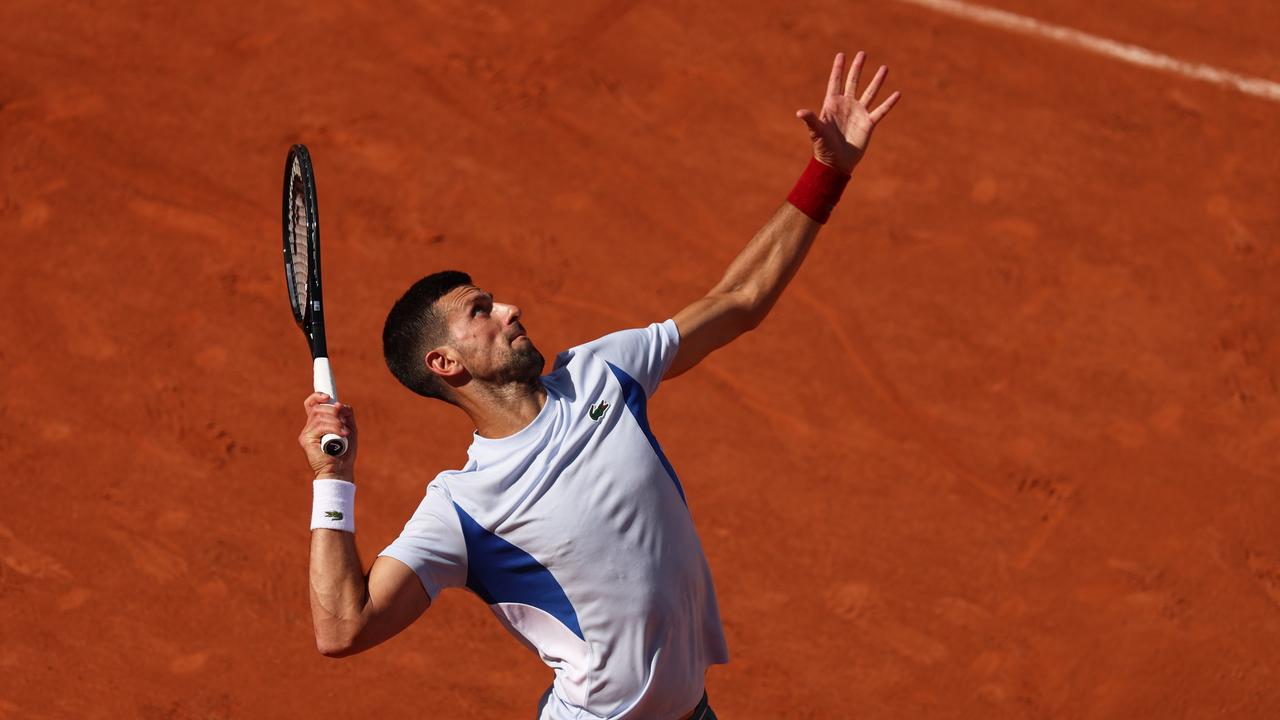 PARIS, FRANCE – MAY 25: Novak Djokovic of Serbia serves in a practice session prior to the French Open at Roland Garros on May 25, 2024 in Paris, France. (Photo by Clive Brunskill/Getty Images)