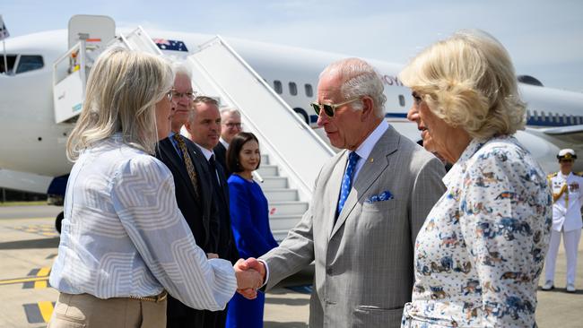 Charles and Camilla are farewelled at Sydney airport on Wednesday. Picture: AAP