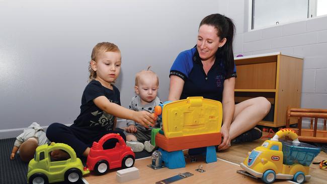 Mackay Cubbie House Childcare and Educational Centre nominated supervisor Noreen McNamara with Hunter, 3 and Jayda Grubb, 1. Mackay Cubbie House Childcare and Educational Centre was rated ‘working towards NQS’ in the government audit on October 27. Picture: Tony Martin