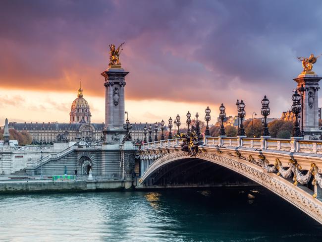 Dawn on bridge Alexander III, Paris, Ile de France, France