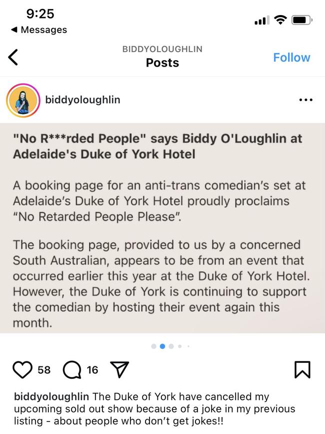 A social media post from Biddy O’Loughlin relating to her cancelled show.