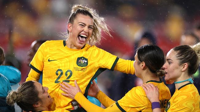 Charli Grant celebrates victory with teammates after defeating England during the Women's International Friendly match between England and Australia at Gtech Community Stadium on April 11, 2023 in Brentford, England. Picture: Ryan Pierse/Getty Images