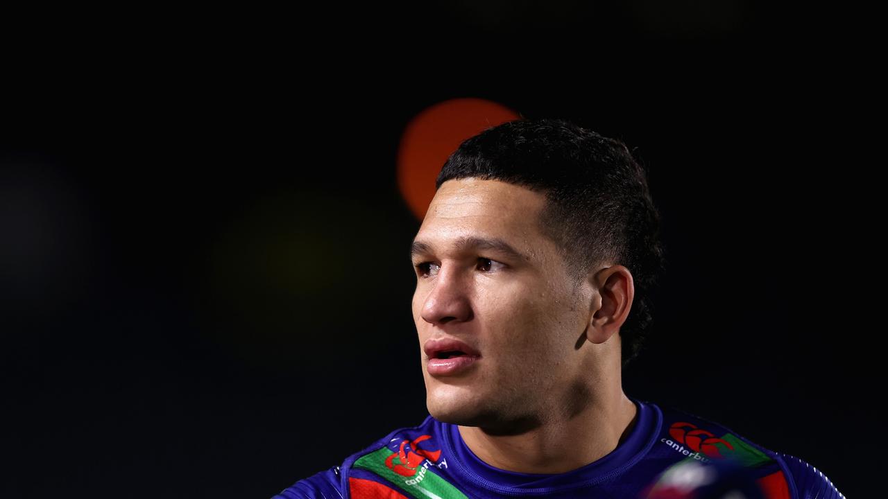 GOSFORD, AUSTRALIA - JULY 02: Dallin Watene-Zelezniak of the Warriors is interviewed post match during the round 16 NRL match between New Zealand Warriors and the St George Illawarra Dragons at Central Coast Stadium, on July 02, 2021, in Gosford, Australia. (Photo by Ashley Feder/Getty Images)